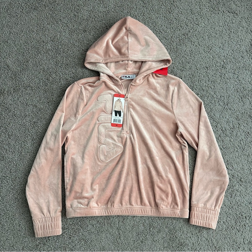 Fila Blush Pink Velour Hoodie Logo Embroidered Womens M